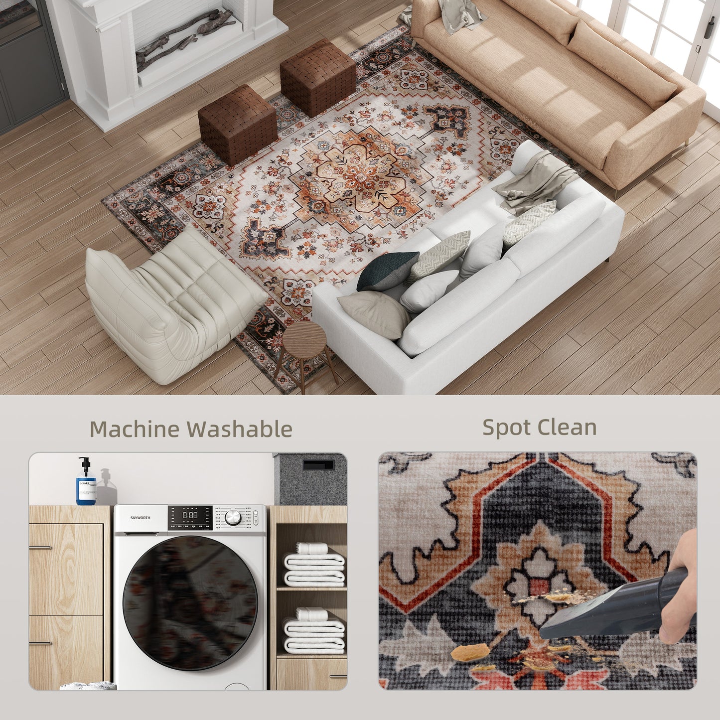 Boho Print Area Rug 5x7 - Machine Washable Non-Slip Carpet - Tawny Brown