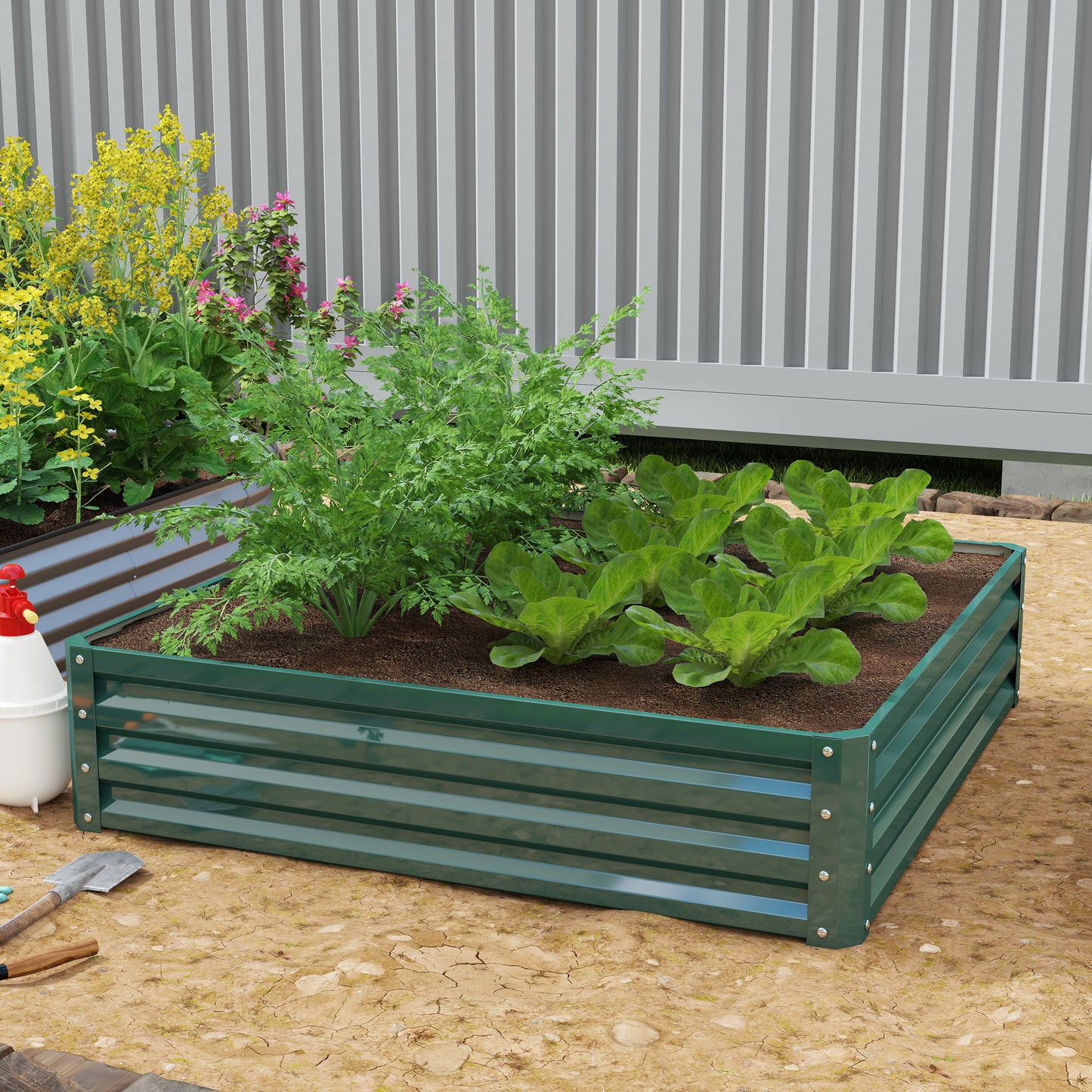 Galvanized Steel Raised Garden Bed 4x4x1 for Vegetables Herbs Flowers Green