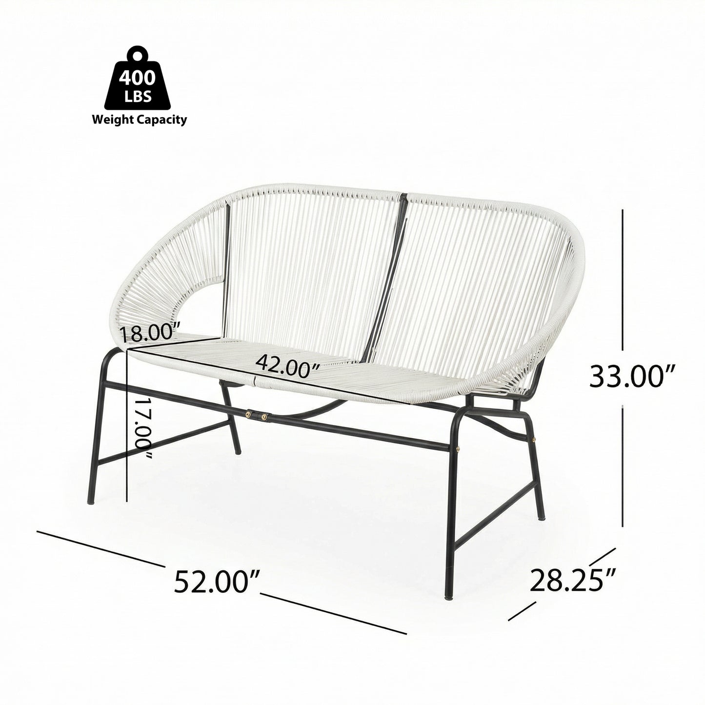 CONDESSA OUTDOOR PATIO WICKER LOVE SEAT, WHITE PE RATTAN & IRON