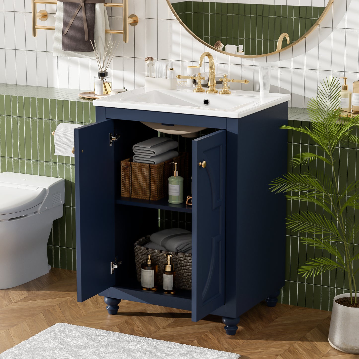 24" Blue Modern Bathroom Vanity with Ornate Design & Soft-Close Hinges