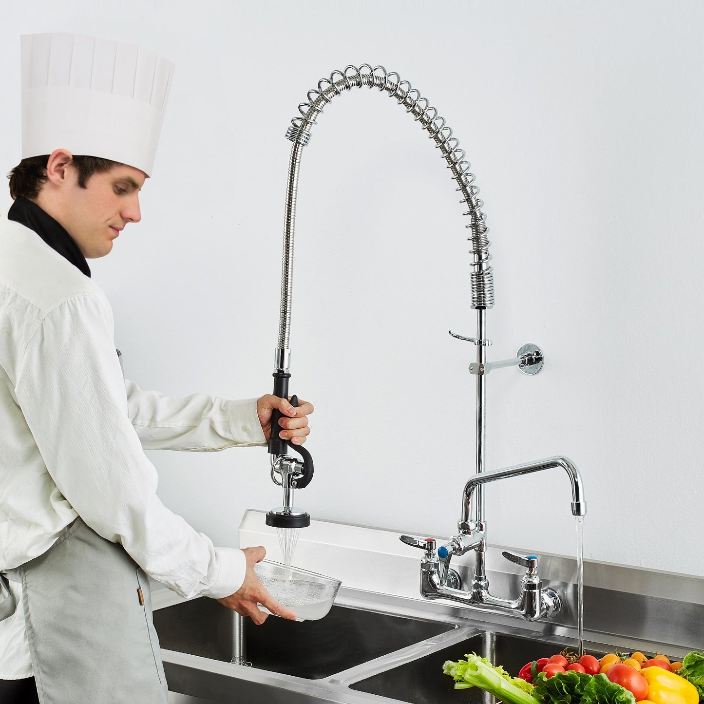Wall Mount Commercial Sink Faucet with Pre-Rinse Sprayer - 36-Inch Height