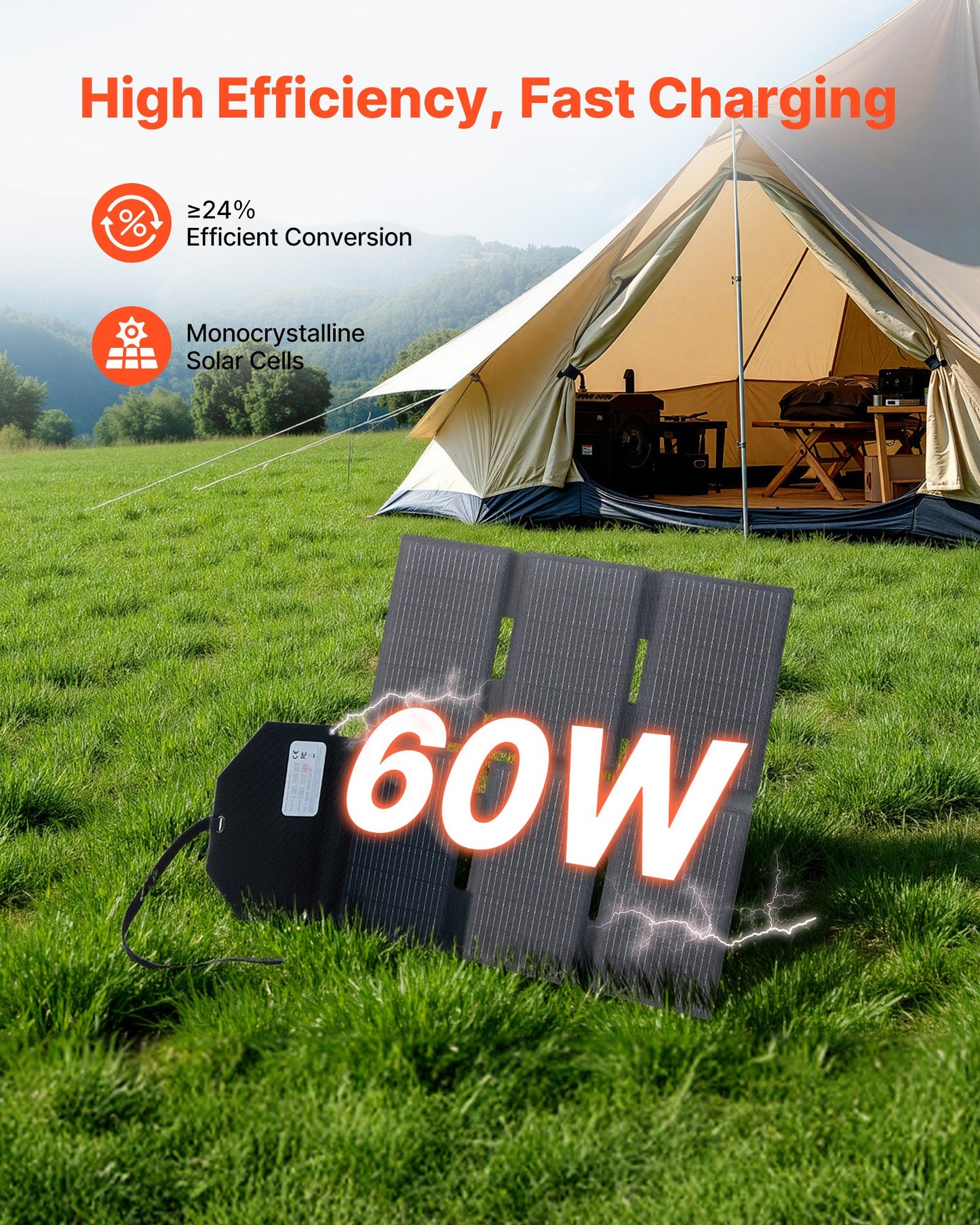 60W Portable Foldable Solar Panel Charger with Multiple USB & DC Ports