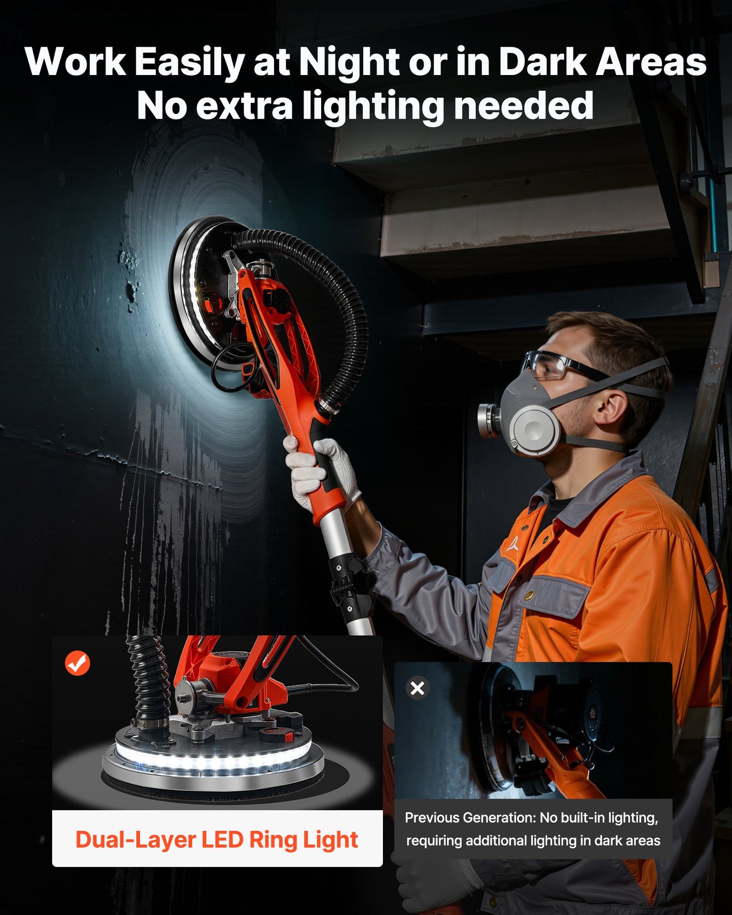 Electric Drywall Sander 950W with LED Light & Variable Speed for Ceiling & Wall Sanding - Black