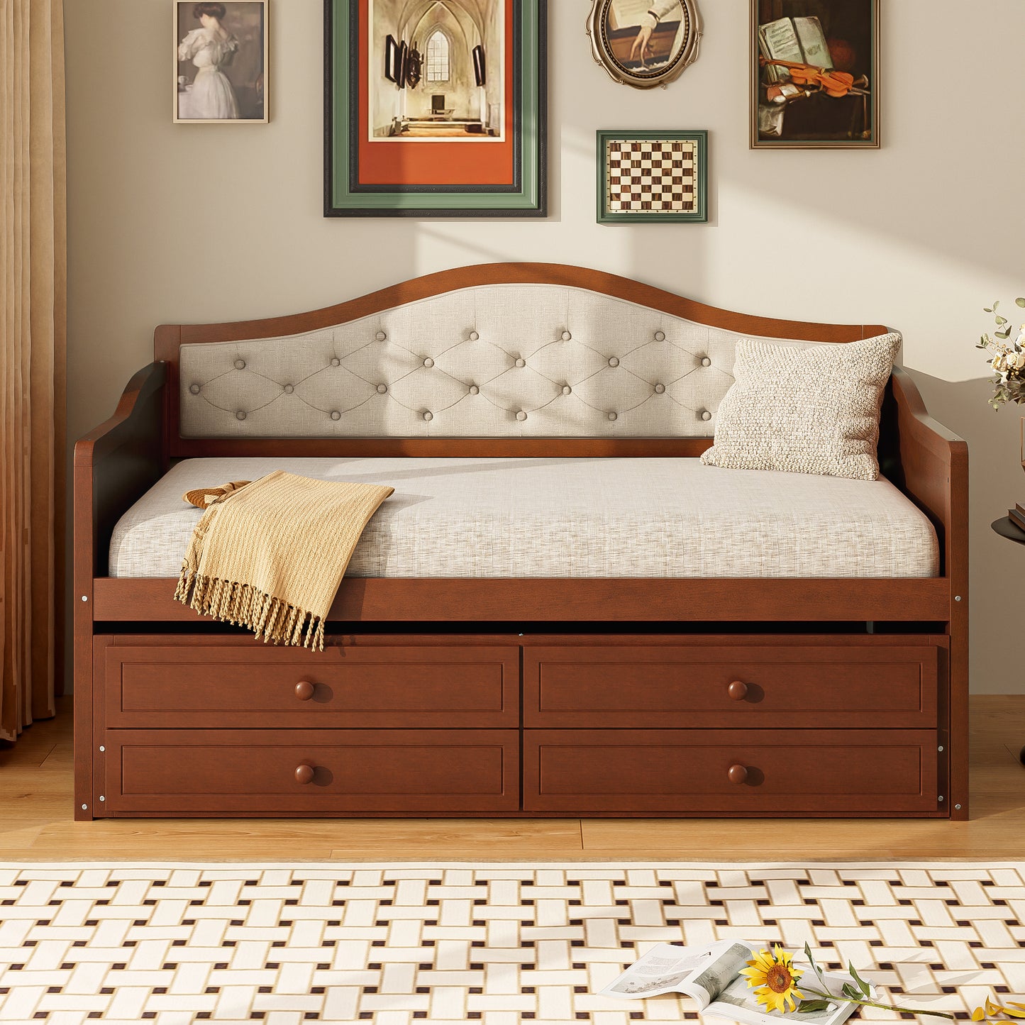 Twin Daybed With Trundle, Size 2 Storage Drawers, Wooden Sofa Bed