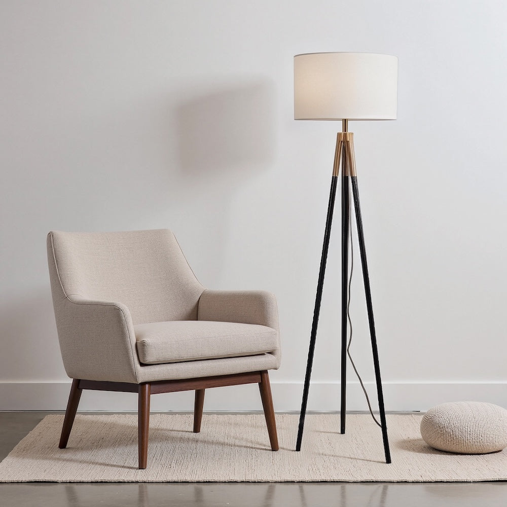 Sway Brassed Gold Floor Lamp With On Off Triple Legs White Fabric