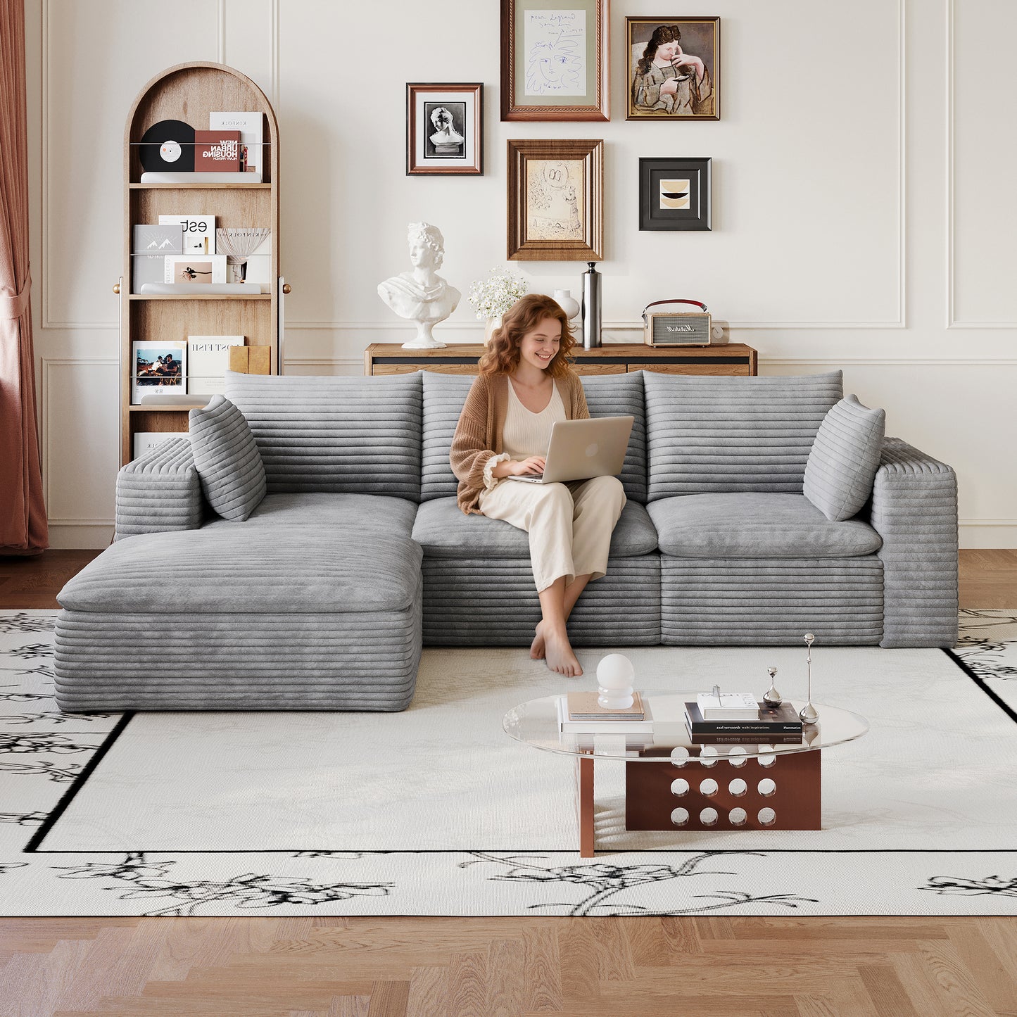 102" Cloud Sofa - Corduroy Fabric, Deep Seat, Removable Cushion, Grey
