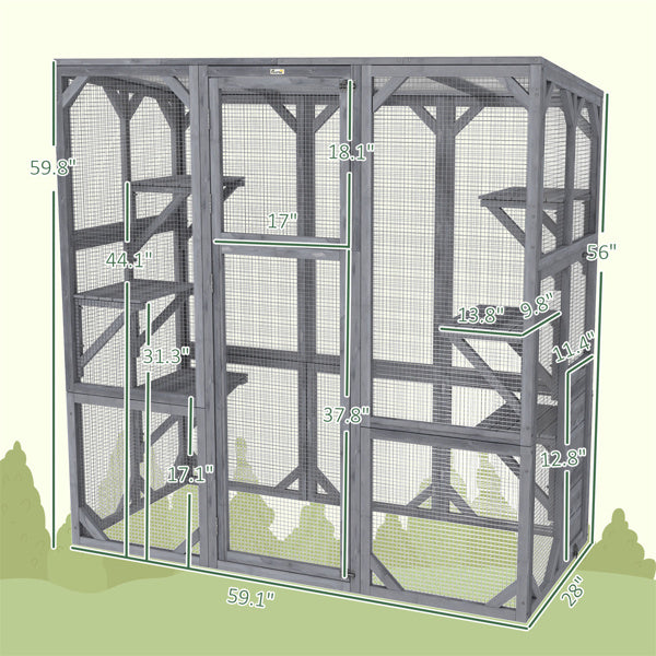 Large Cat Cage with Platforms, Easy Assembly, Sunproof Fir Wood - Gray