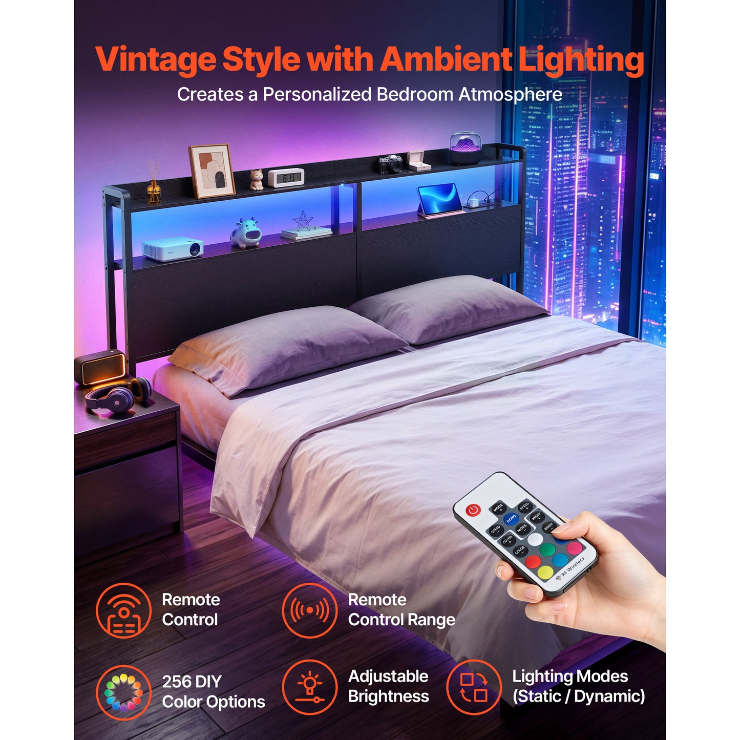 King Size Bed Headboard with Storage Shelves LED Light and Charging Ports