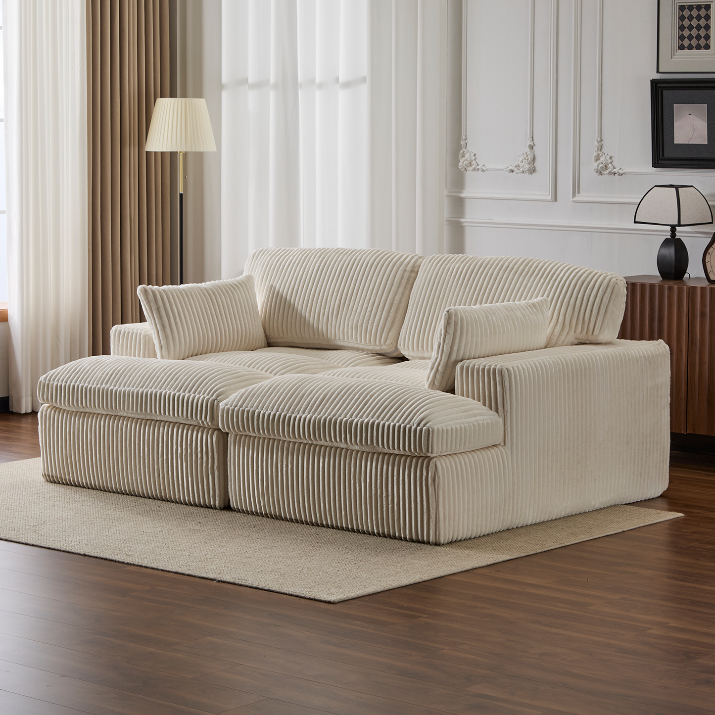 Oversized Double Chaise Lounge Chair - White Corduroy Sleeper