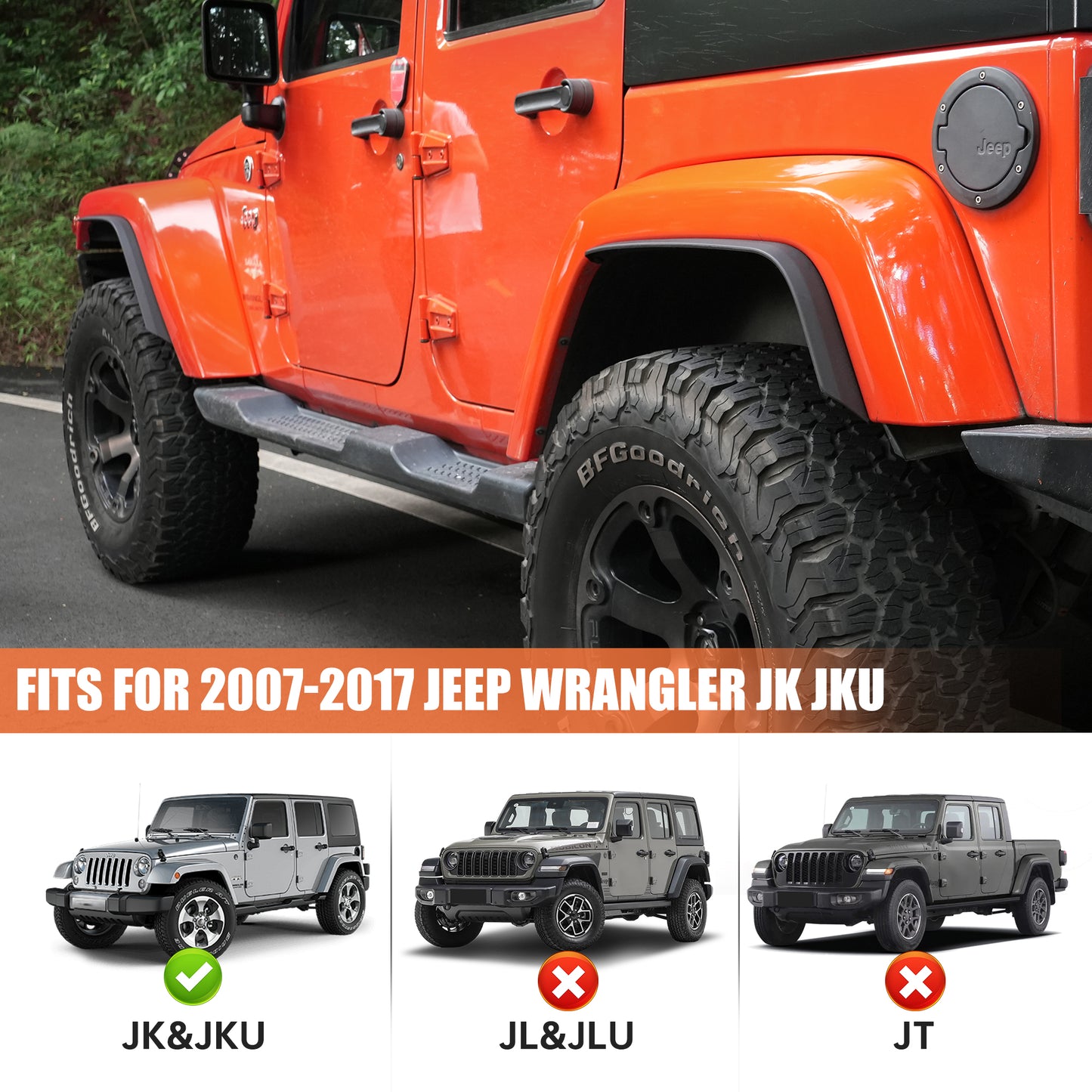 Front & Rear Fender Flares Compatible With 2007-2017 Wrangler JK JKU,