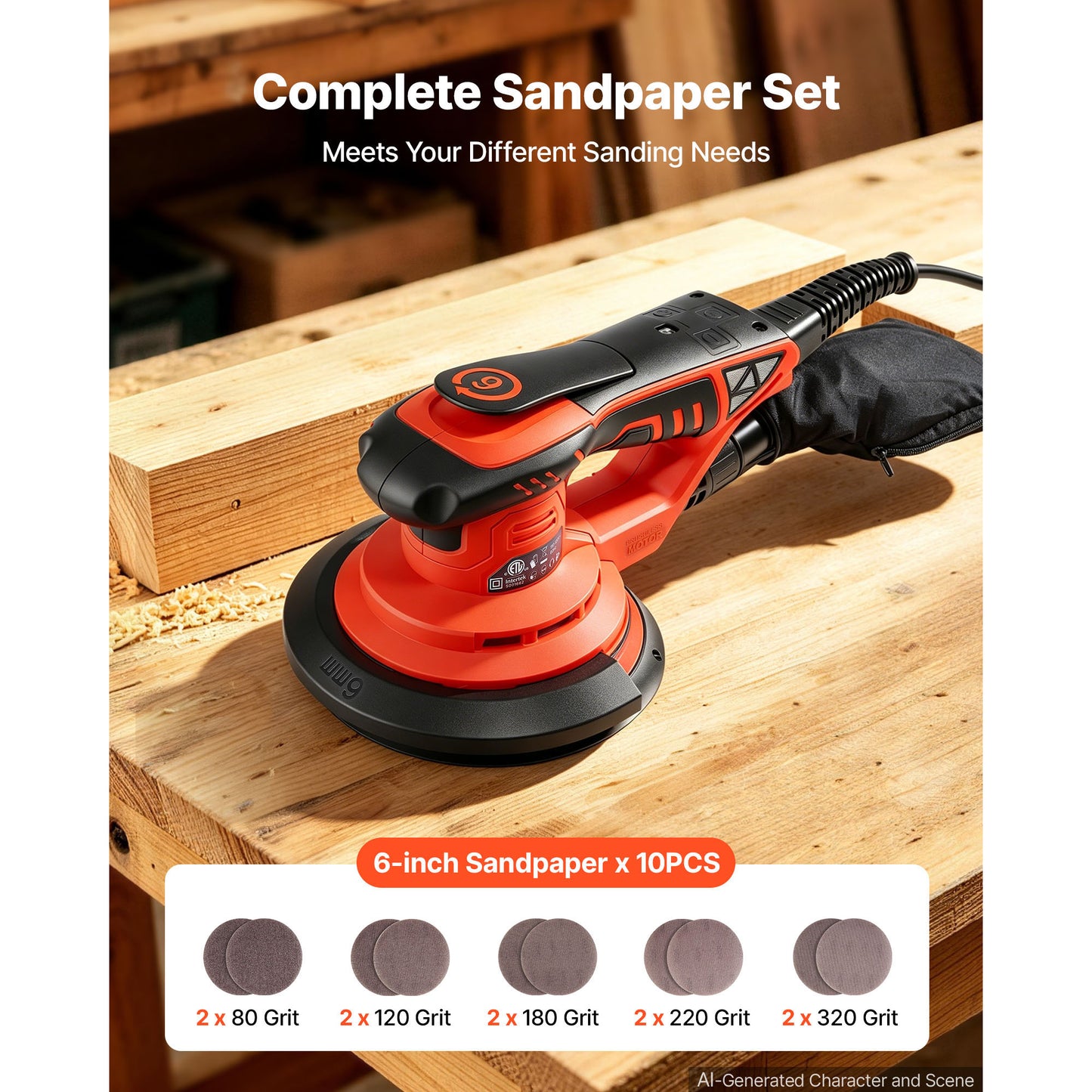 Vevor 6-Inch Random Orbital Sander 400W Brushless 7-Speed Woodworking Tool with Sandpapers