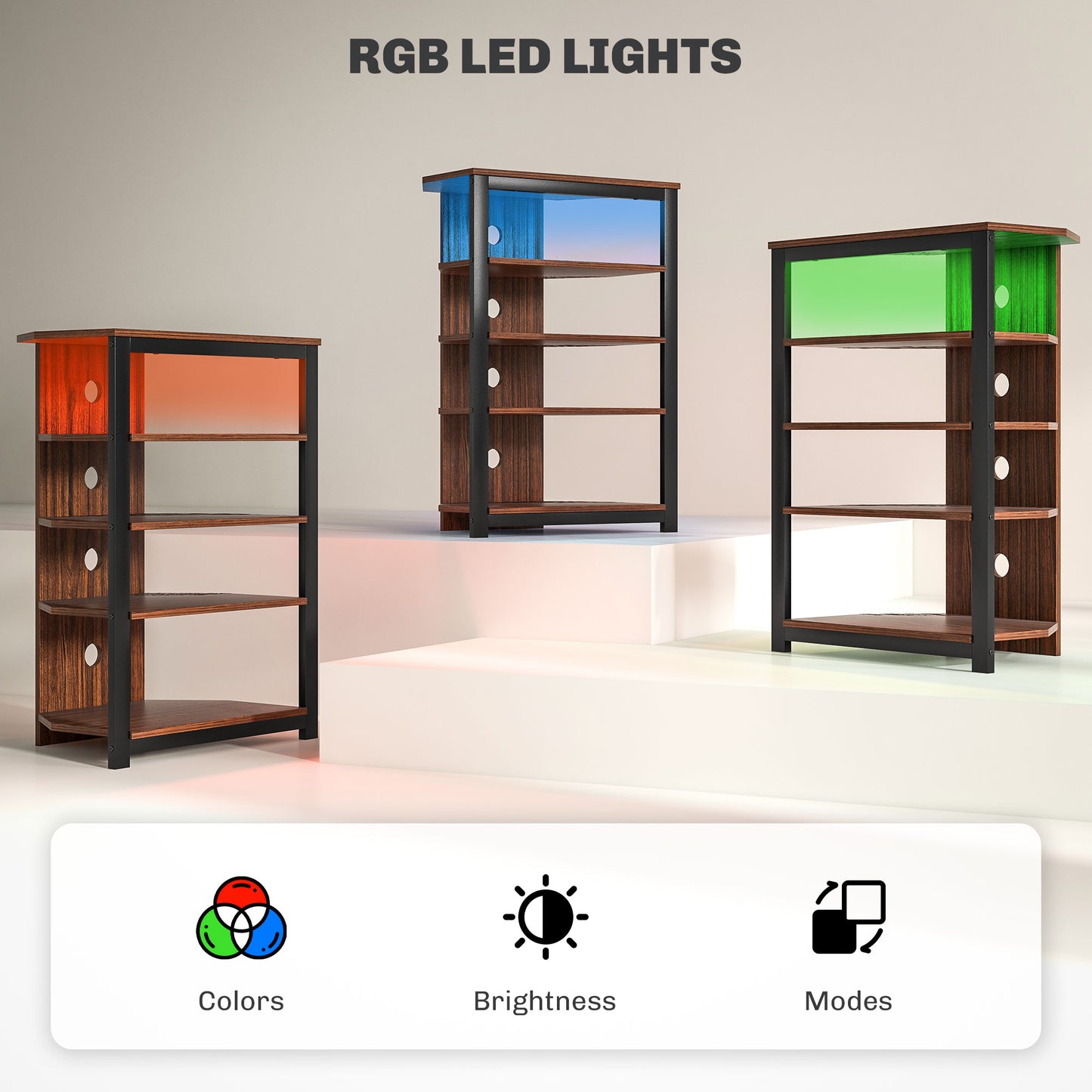 RGB LED TV Stand with Storage Shelves - Chestnut Brown