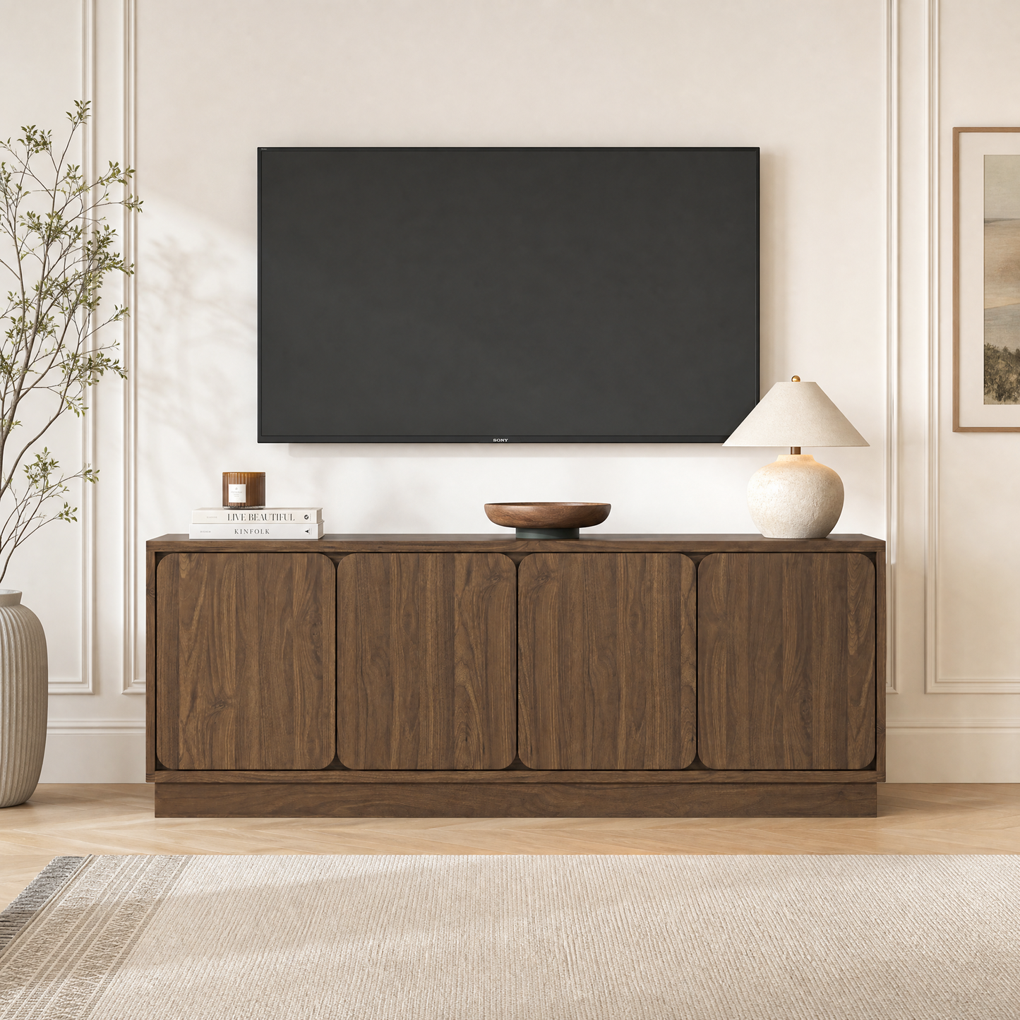 63 Inch Walnut TV Stand with 4 Storage Doors - Modern Media Console