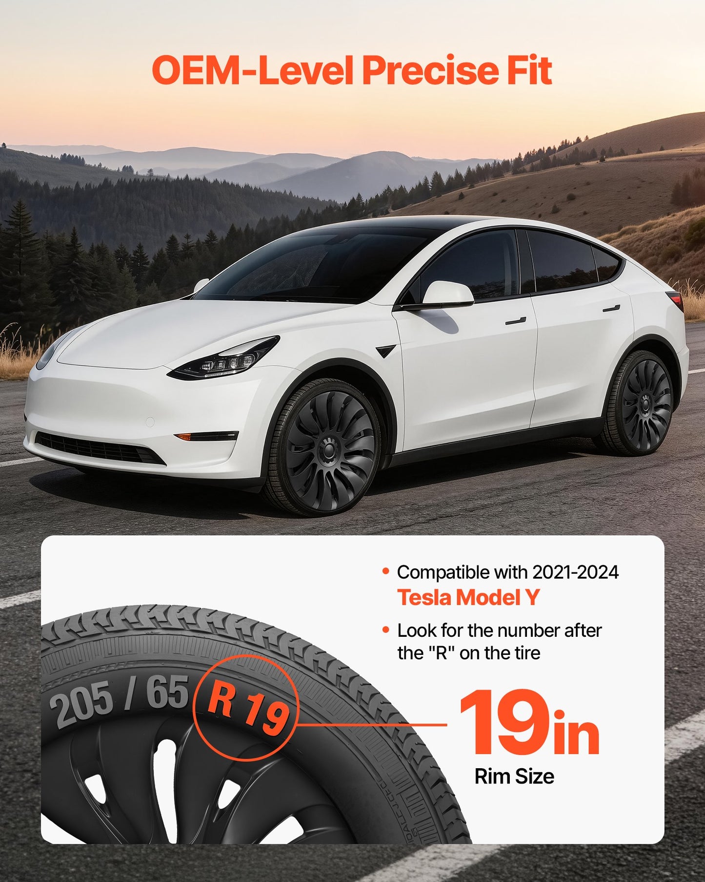 19 Inch Wheel Hubcaps for Tesla Model Y 2021-2024 - Matte Black OEM Style Set of 4
