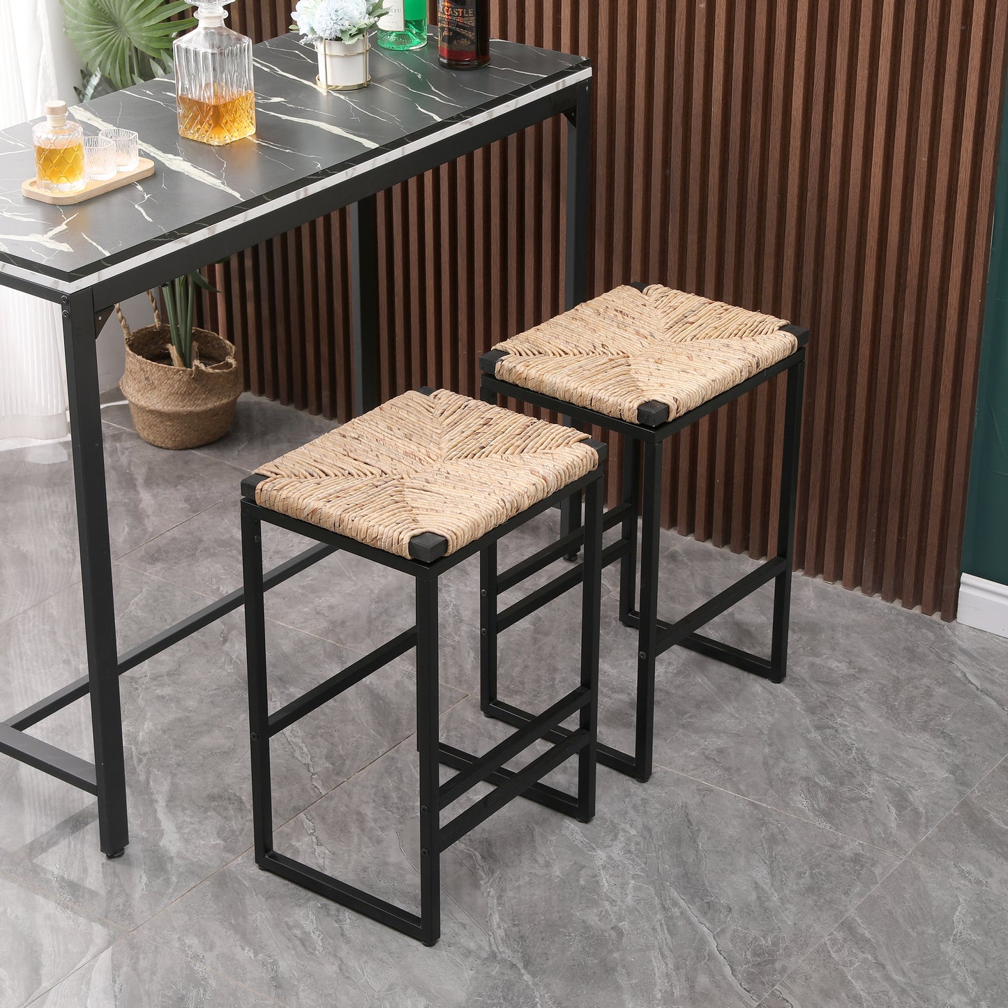 Set of 2 Natural Water Hyacinth Backless Bar Stools with Footrest