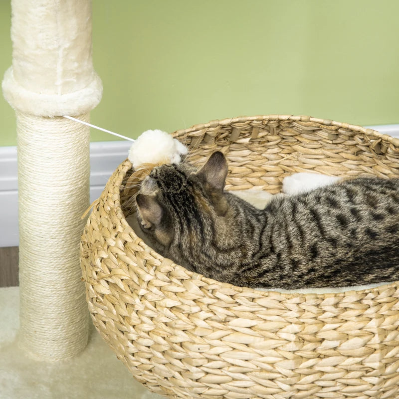 Elevated Cat Bed with Sisal Scratching Post and Toy - Small Modern Cat Tree, Beige Cream