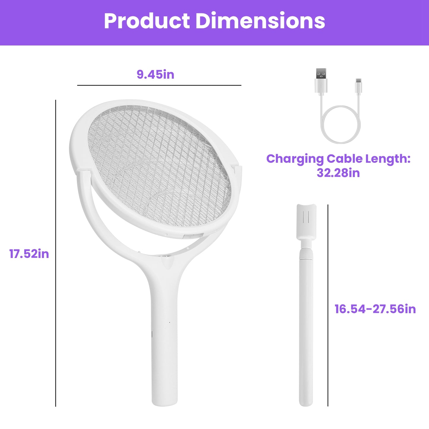 Electric Bug Zapper Racket with Rotating Head & Telescopic Extension - Indoor Outdoor Mosquito Swatter