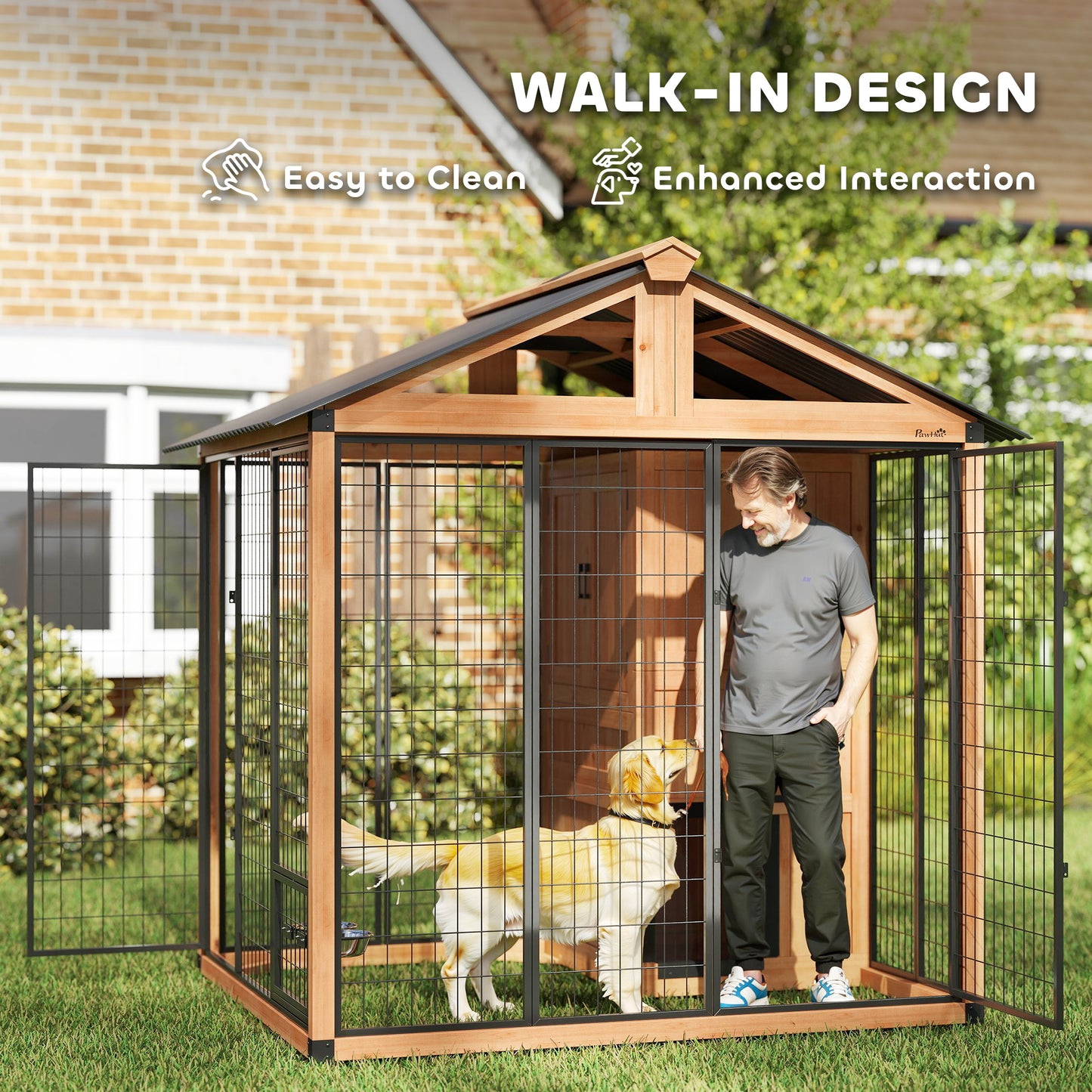 Large Outdoor Dog House with Storage Cabinet & Steel Bowls - Light Yellow