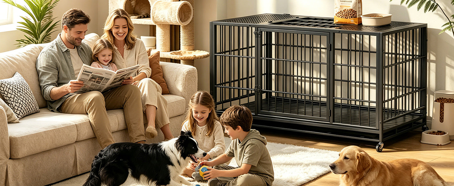 Heavy Duty Dog Crate with Lockable Wheels & Perforated Top - Indoor Outdoor Metal Kennel
