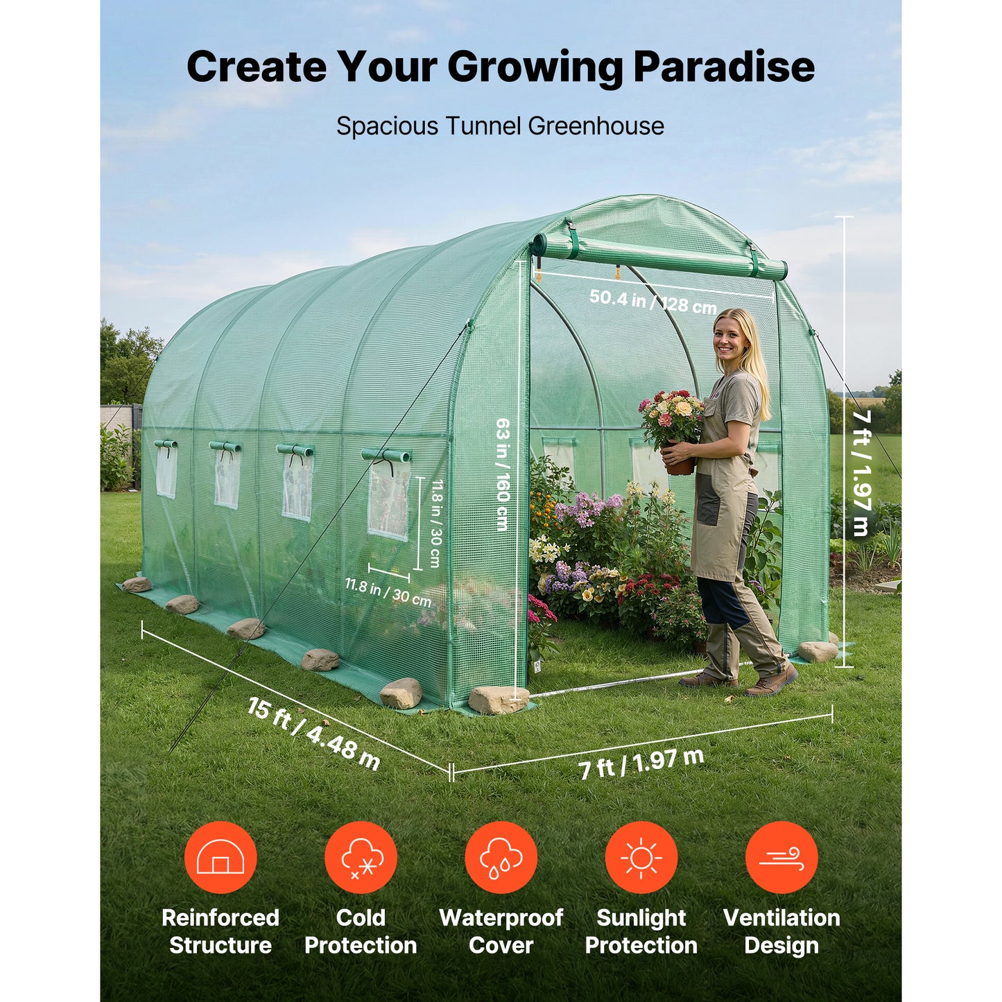 Walk-In Tunnel Greenhouse 15x7x7 ft Steel Frame PE Cover Watering System Roll-Up Door