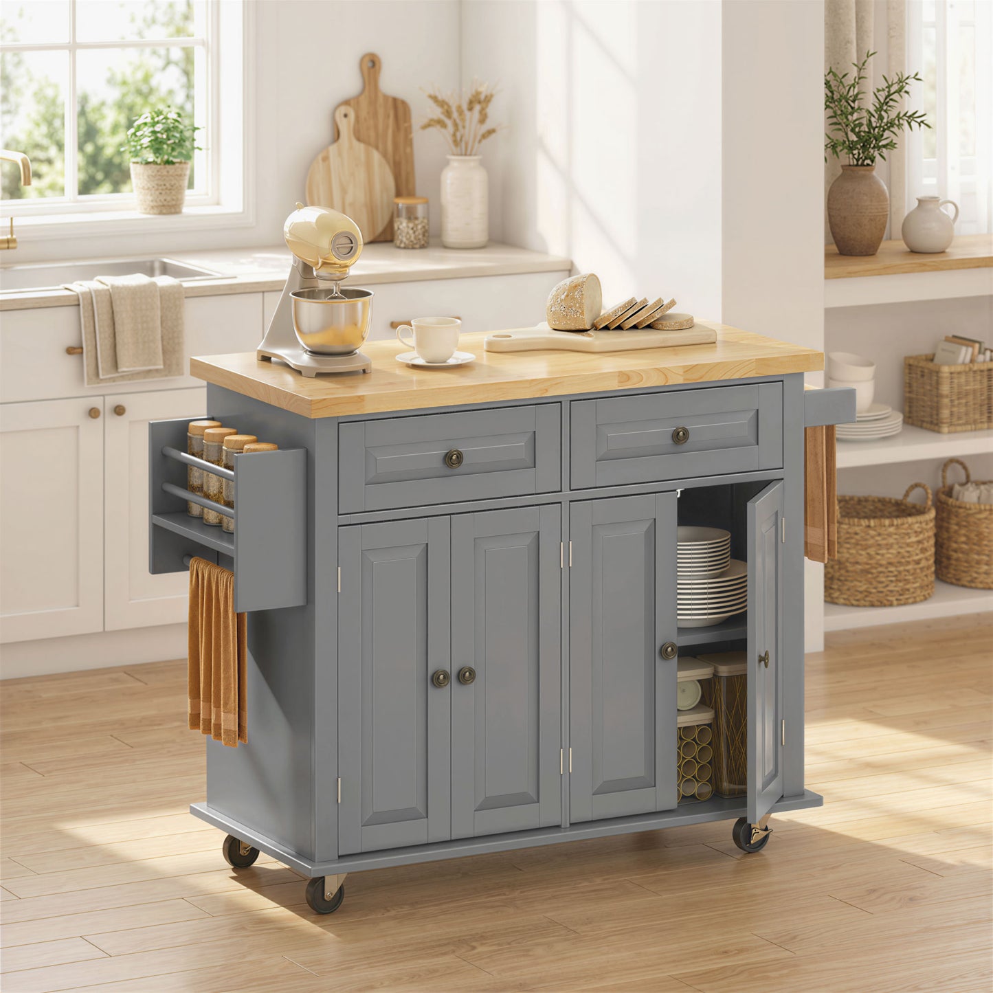 Rolling Kitchen Island Cart with Drawers & Spice Rack - Gray