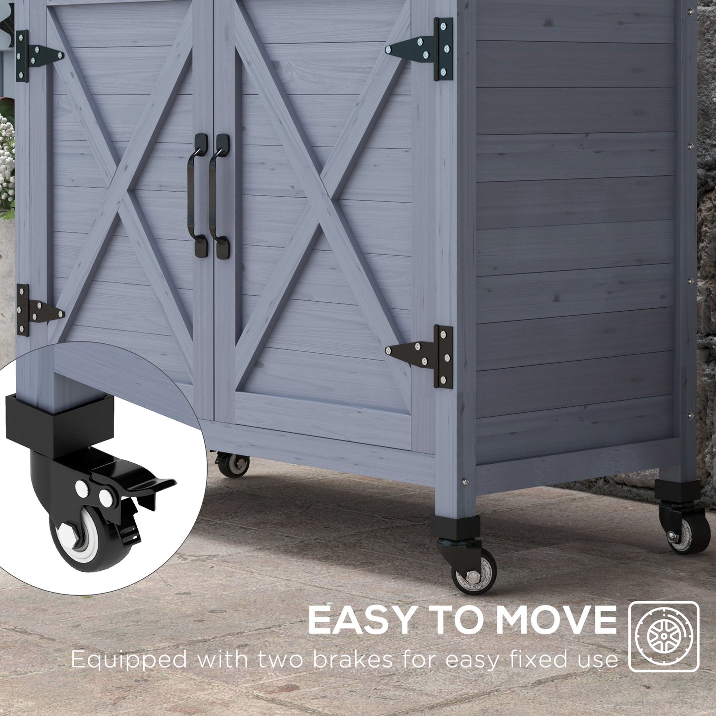 Outdoor Wooden Potting Bench with Storage Cabinet and Movable Wheels, Gray
