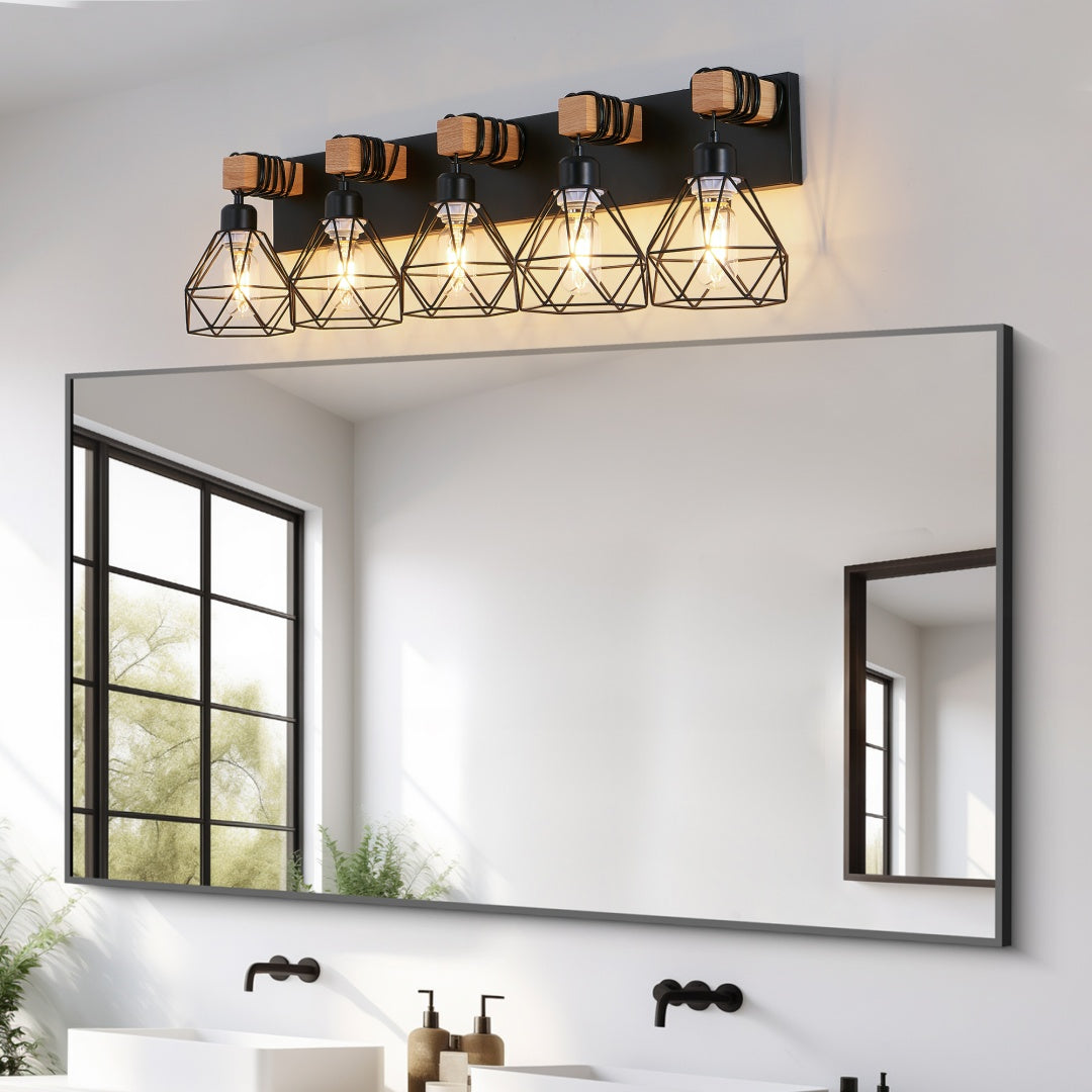 Modern Geometric 5-Light Vanity Light Fixture - Black Metal & Wood