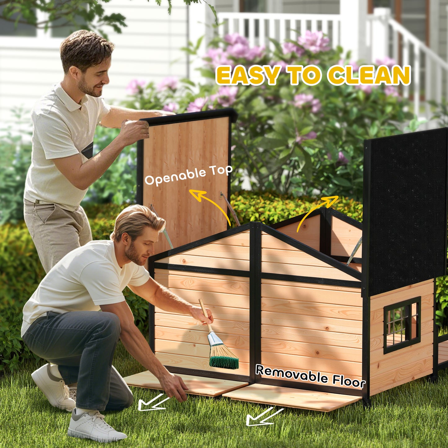 Outdoor Wooden Dog House with Porch & Removable Roof - Natural Finish