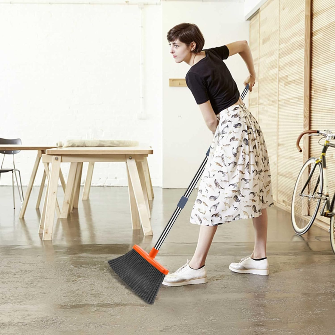Self-Cleaning Broom and Dustpan Set with Extendable Pole - Indoor & Outdoor Sweeping