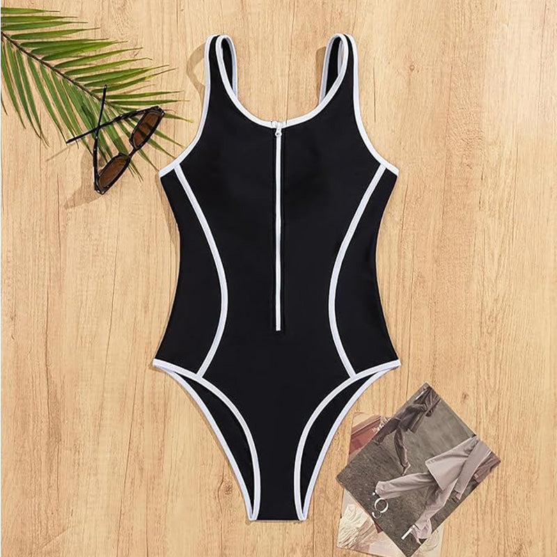 Women's Black One-Piece Swimsuit with White Trim - Zip-Front Racerback