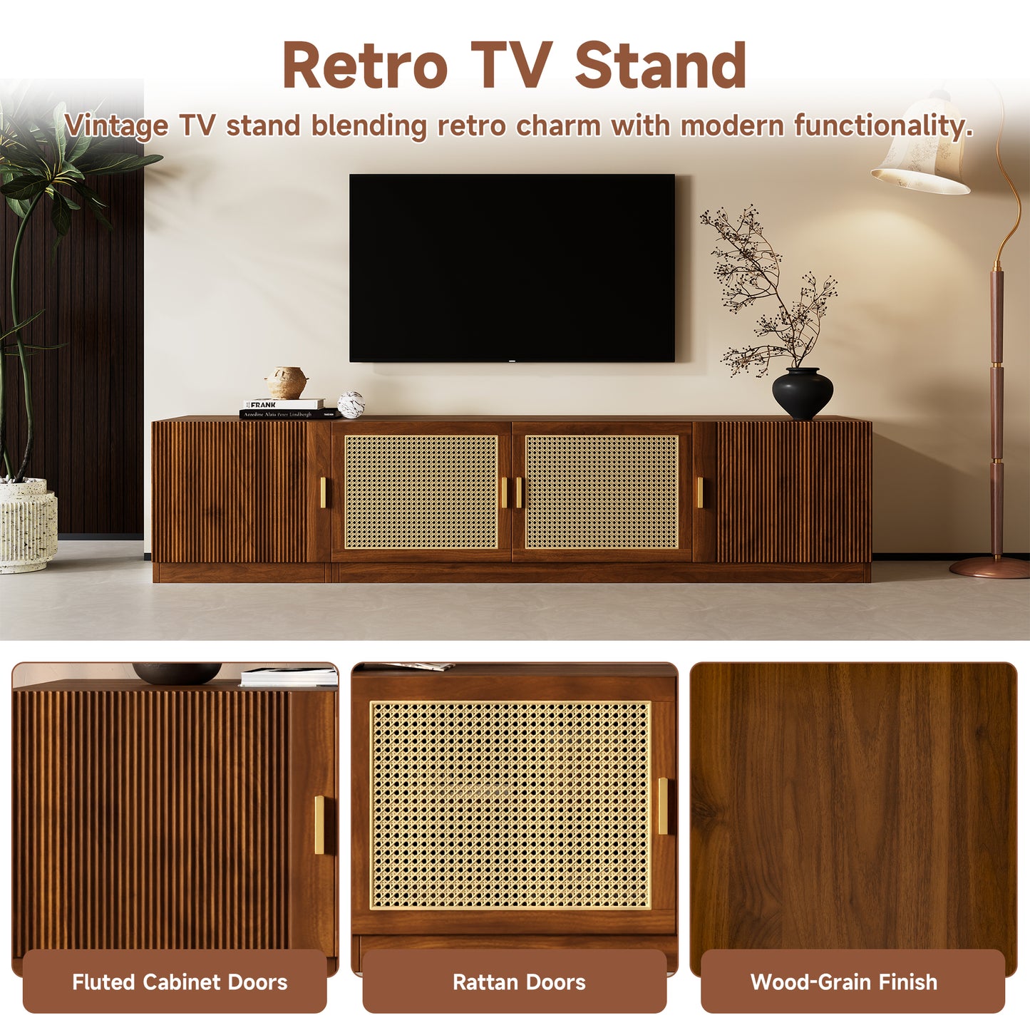 78" TV Stand for TVs Up to 85" - Walnut Media Console with Rattan Doors