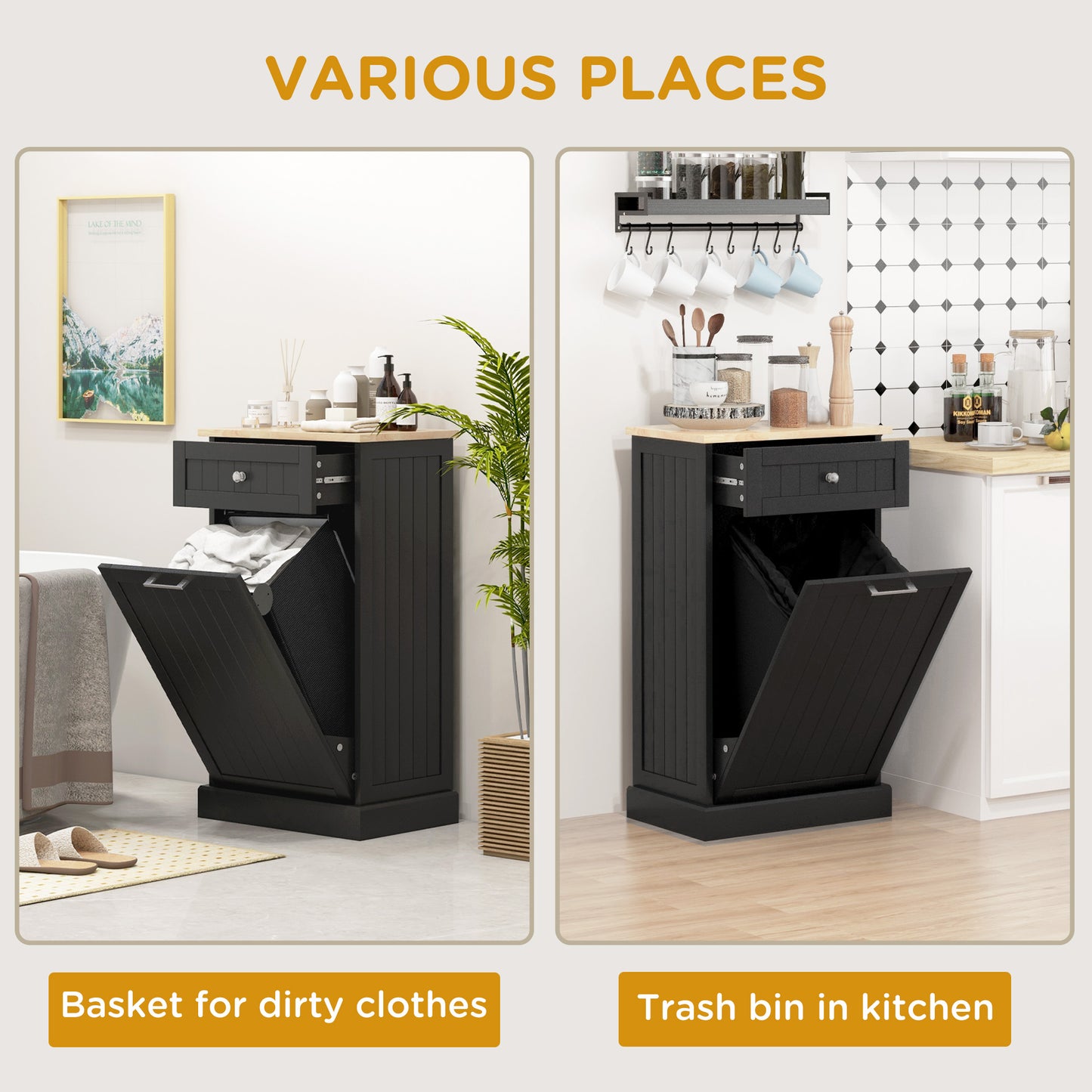 Tilt-Out Trash Cabinet with Storage Drawer - Black