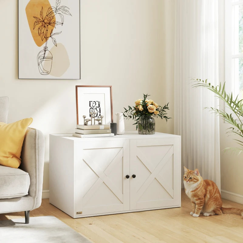 Pet Houses & Cages White Cat Litter Box Enclosure with Barn Door & Cat Hole