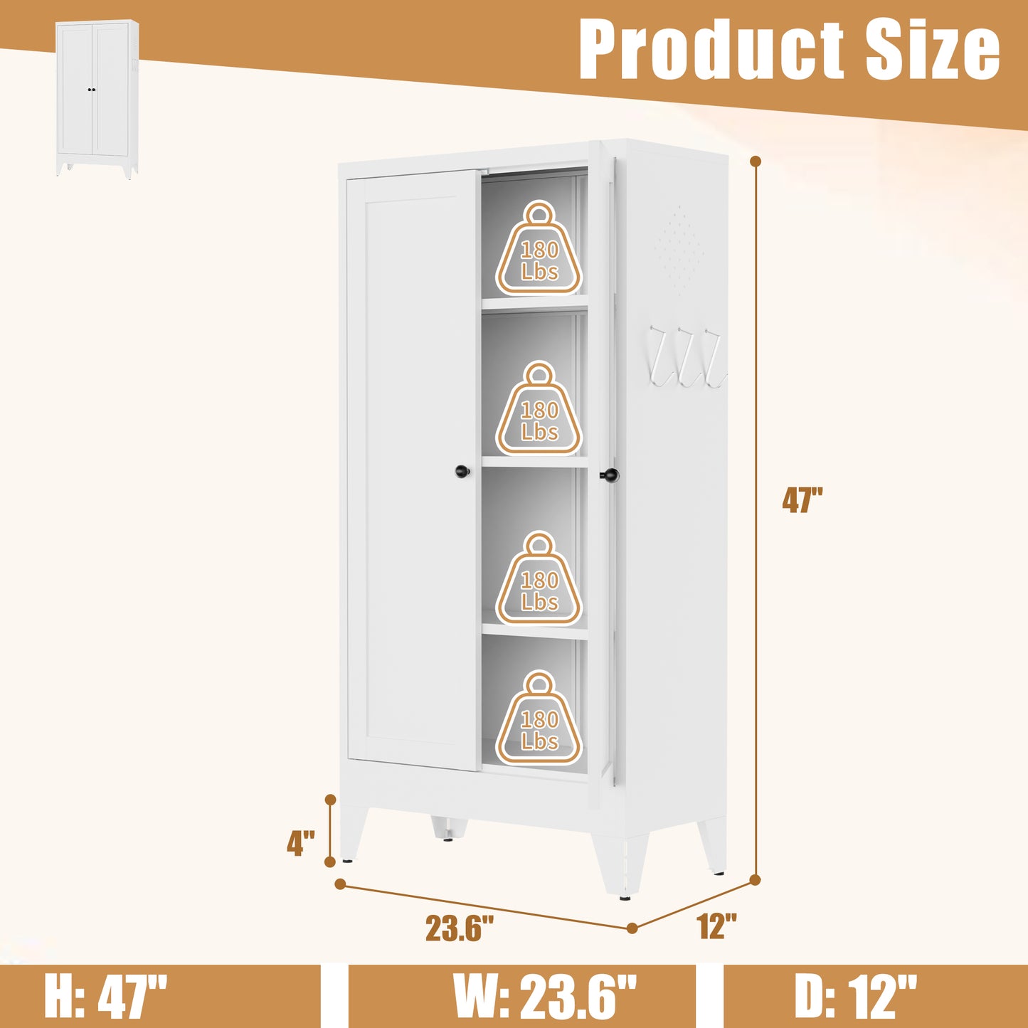 47.3" White Metal Kitchen Pantry Cabinet - Adjustable Storage with 3 Shelves