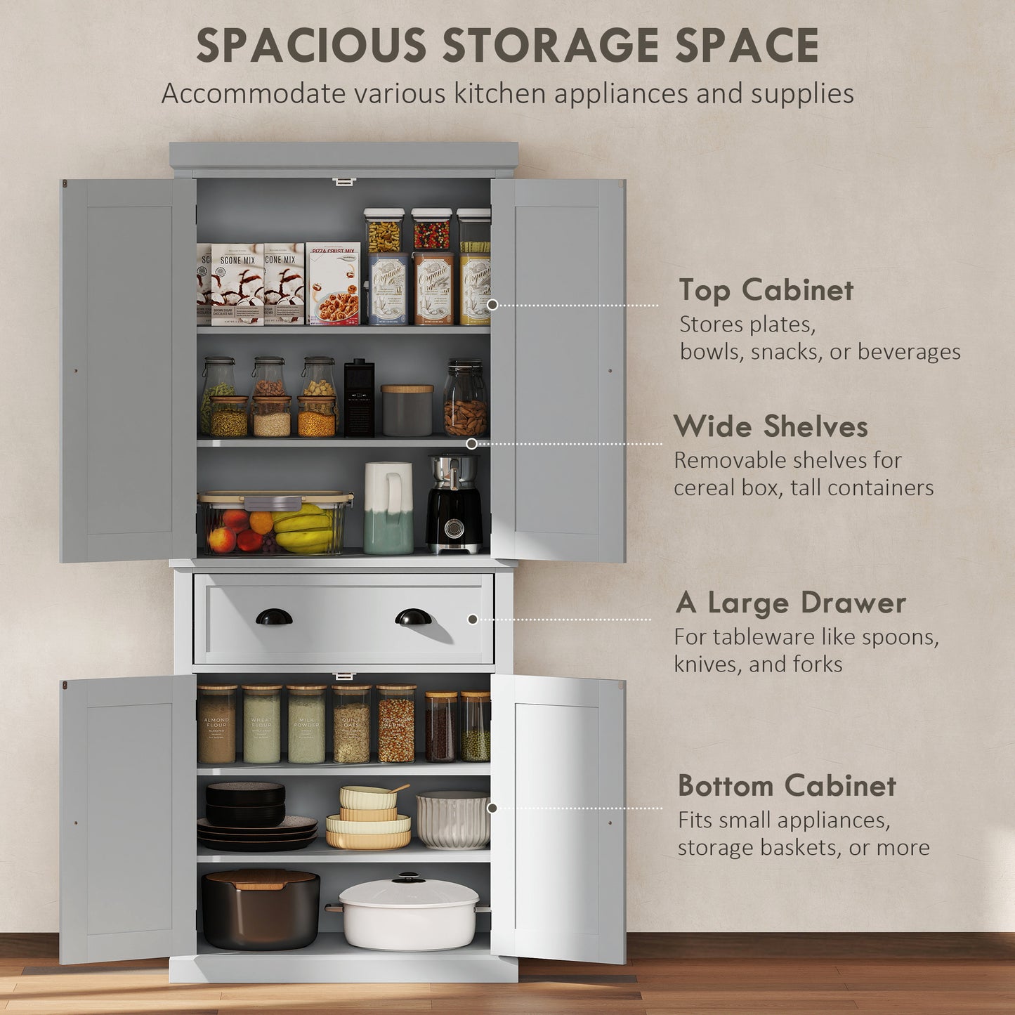 72.5" Gray Kitchen Storage Cabinet with Doors & Shelves