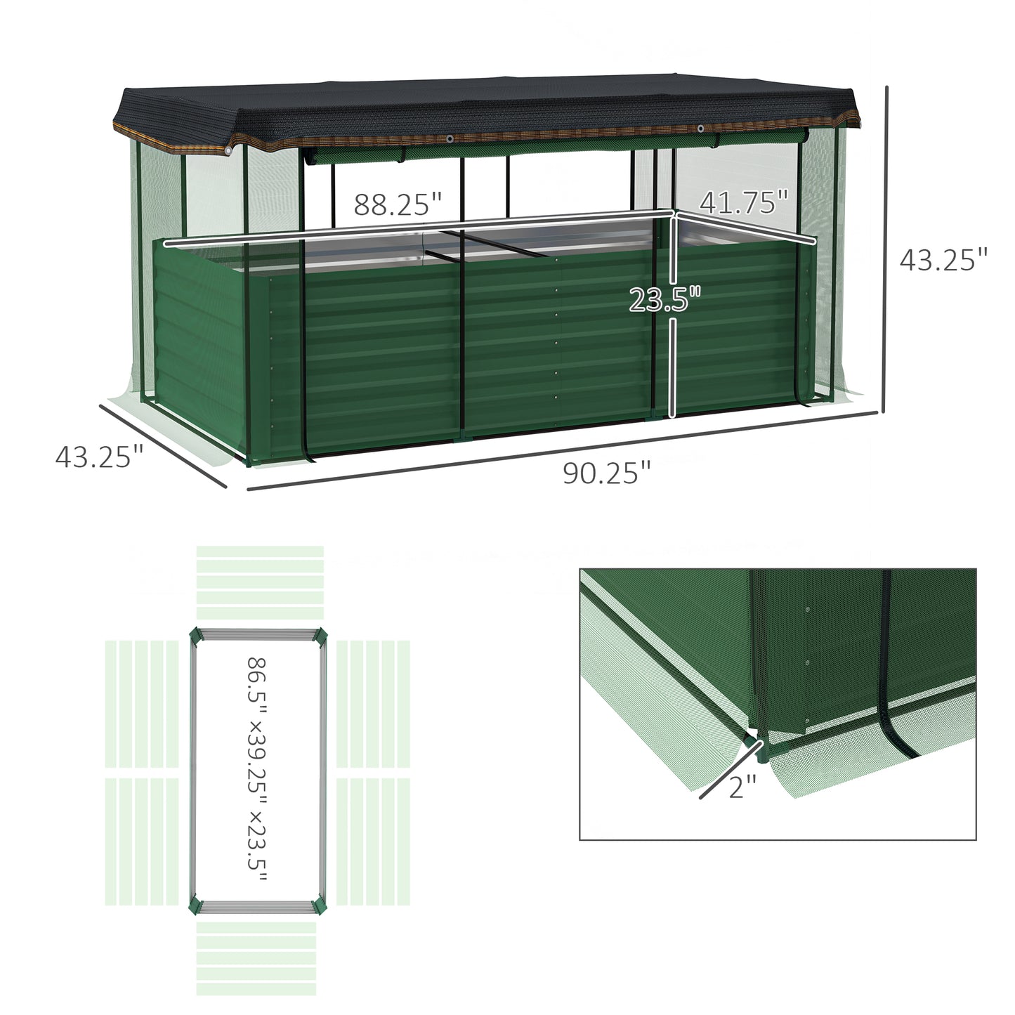 Galvanized Steel Raised Garden Bed with Crop Cage and Shade Cloth - Green