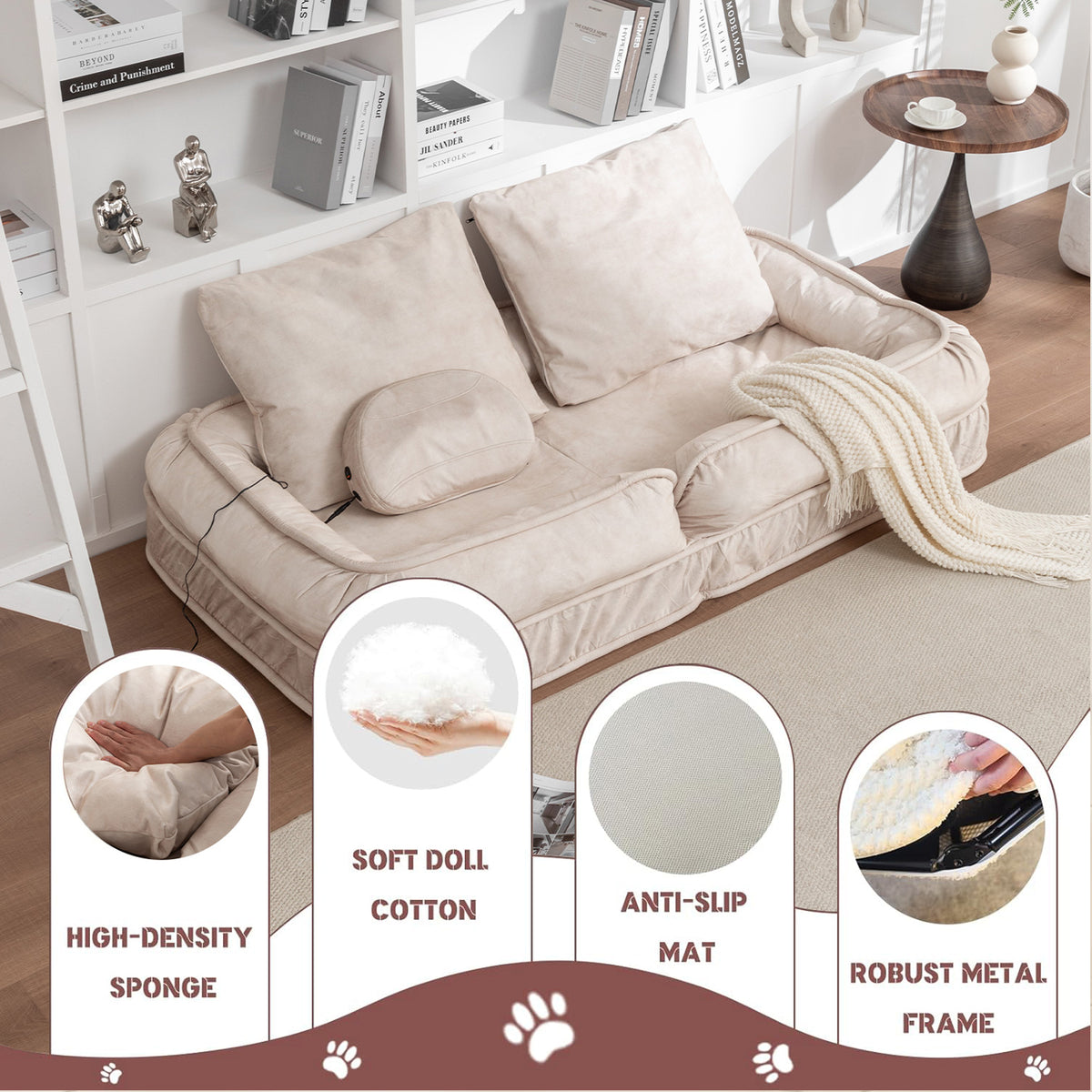 Multi-Position Pet Lounge Sofa with Massage Pillow - Beige