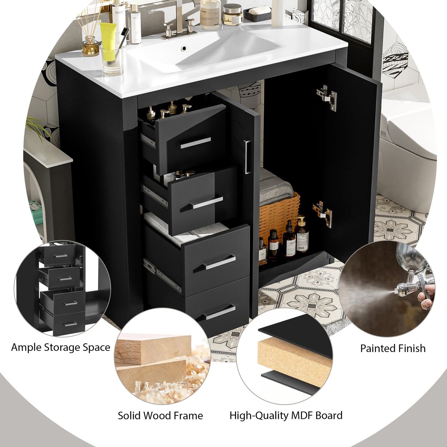 36-Inch Black Bathroom Vanity with Ceramic Sink & Soft-Close Drawers