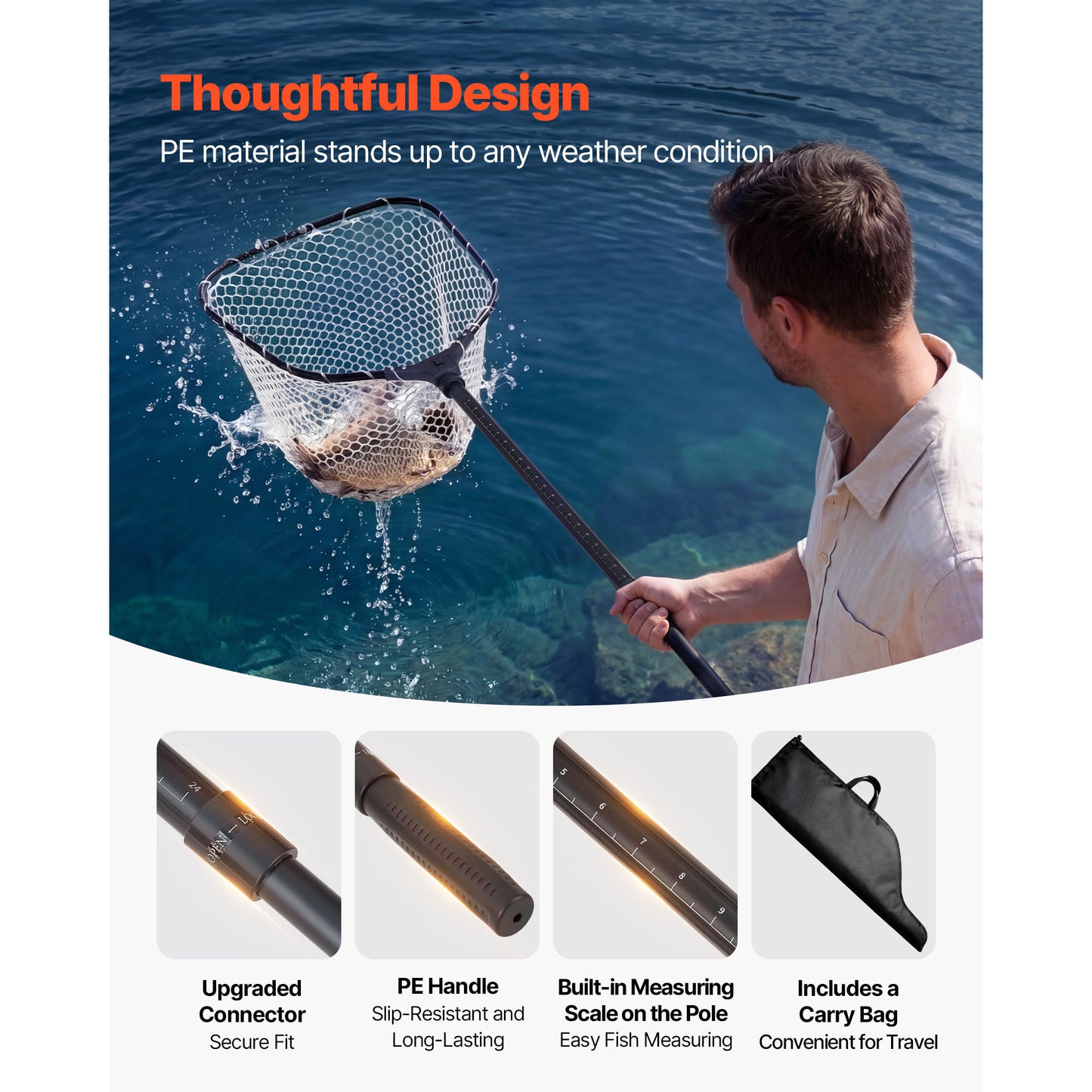 Foldable Fishing Landing Net with Telescopic Handle & Scale - Lightweight Aluminum Fish Net for Kayak Boat Bank