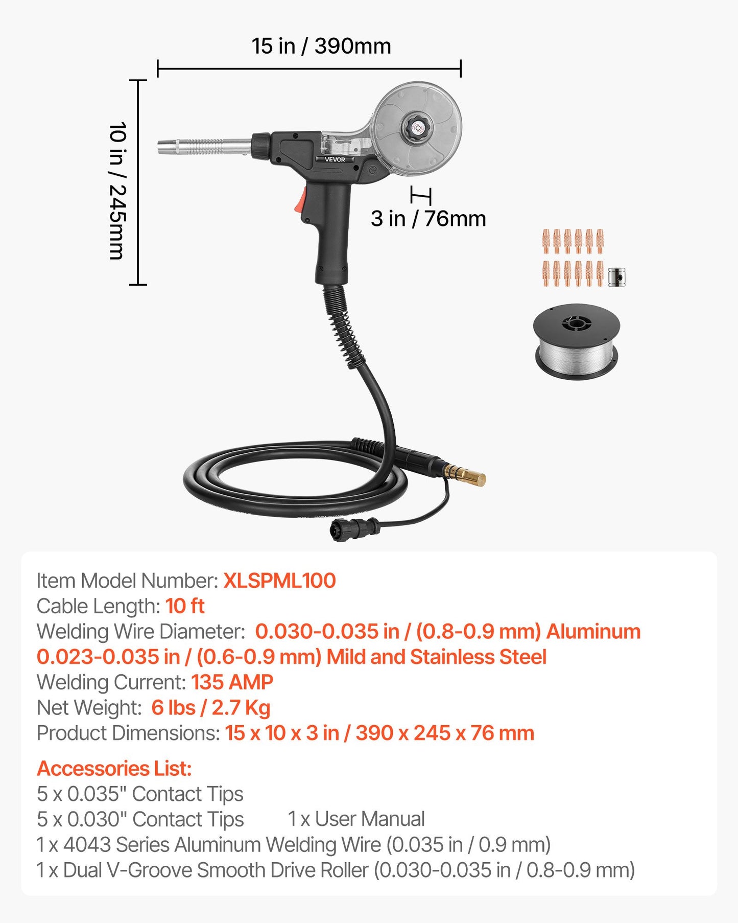 135Amp MIG Spool Gun Replacement Kit for Miller Spoolmate 100 - 10FT Cable & Tips