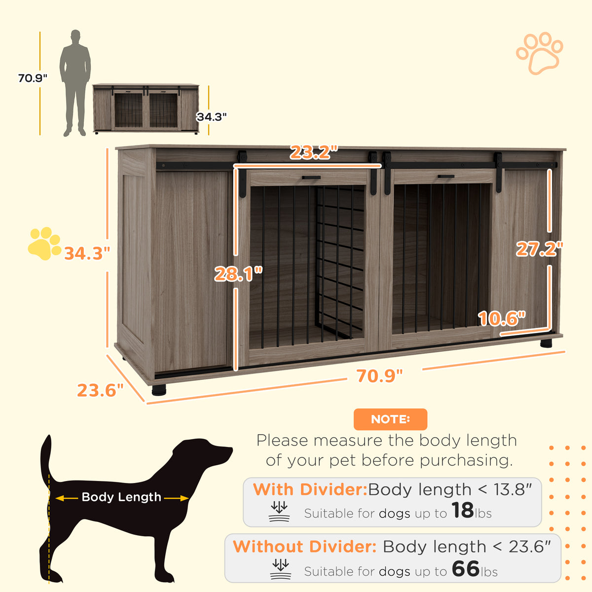 71-Inch Modern Dog Kennel with Storage & Removable Divider - Walnut