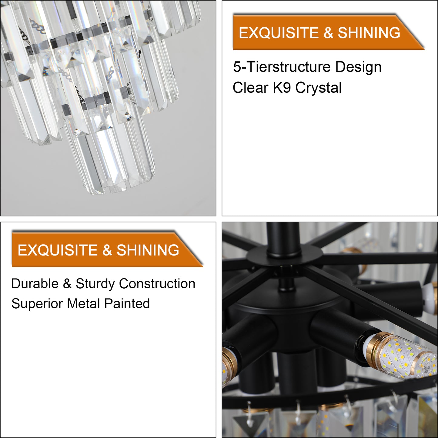 Modern Black Crystal Chandelier - 10-Light Flush Mount Fixture