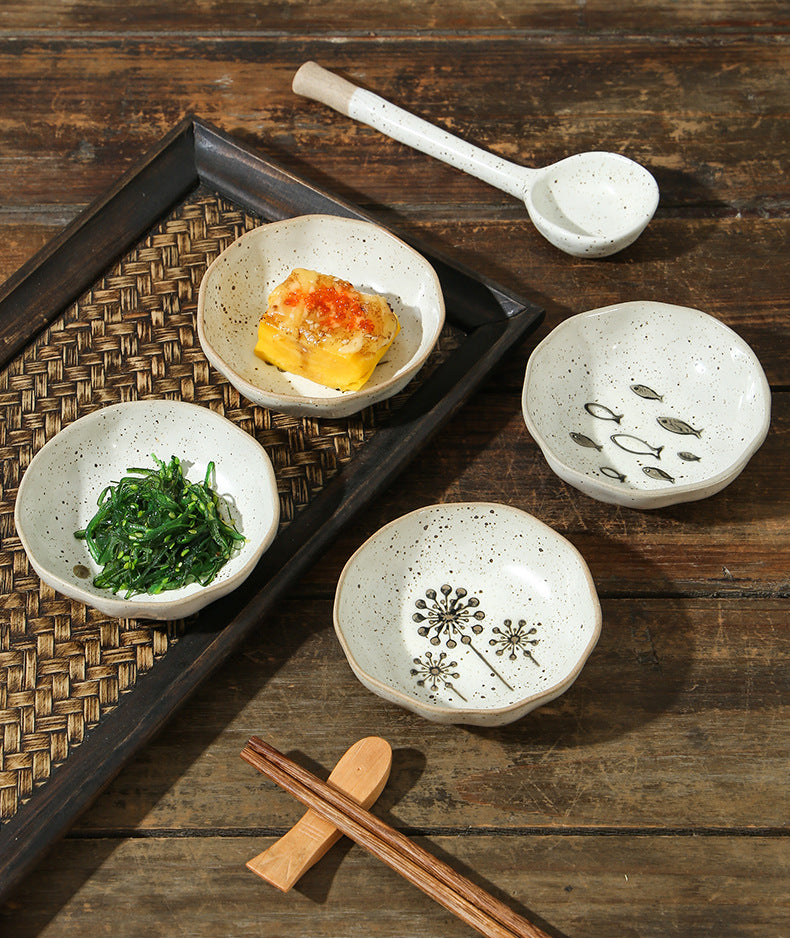 Japanese Ceramic Saucer for Condiments - Household Dish Small Fish & Sunflower Variants