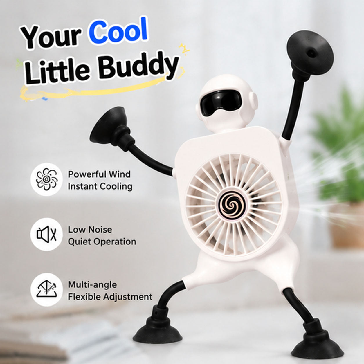 Rechargeable 2000mAh Mini Fan with Suction Cup & Flexible Arms - White