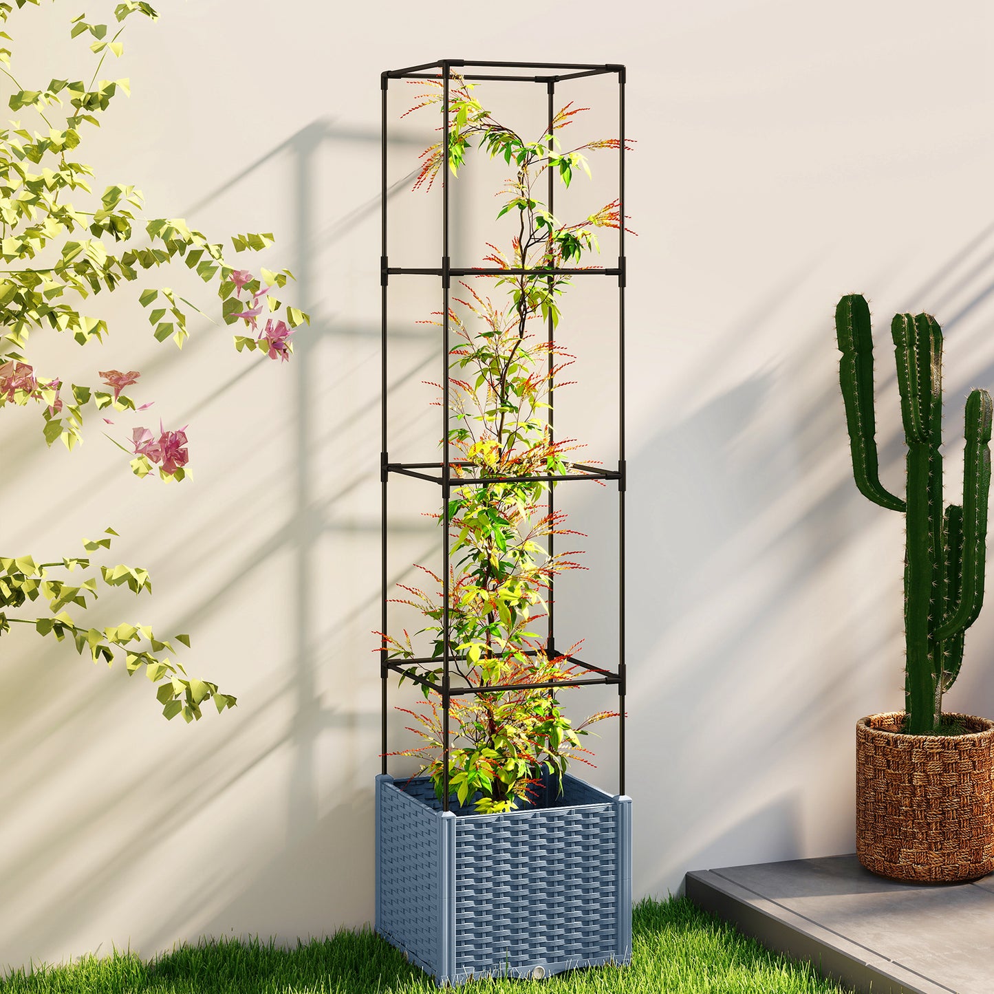 Raised Garden Bed with Trellis and Lockable Wheels - Self Watering Planter, Gray 440x440x160mm