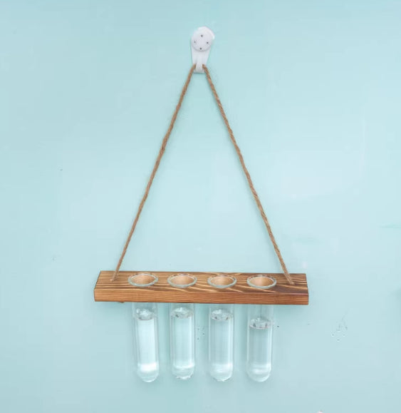 Hydroponic Glass Test Tube Rack with Wooden Stand - Modern Minimalist Decor