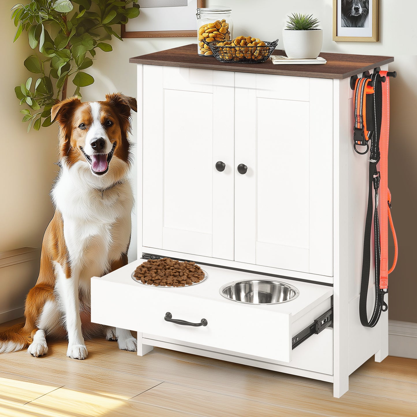 Dog Feeding Station, Double Door Locker With 2 Adjustable Bowls, 3