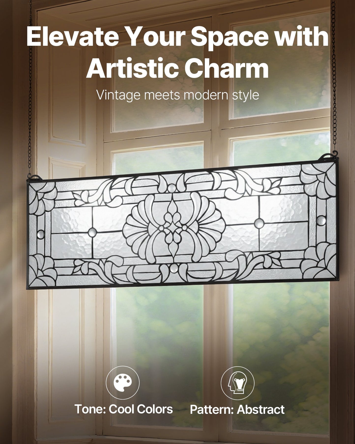 Stained Glass Window Panel 35x13 Inch Hanging Tiffany Style Art Decor