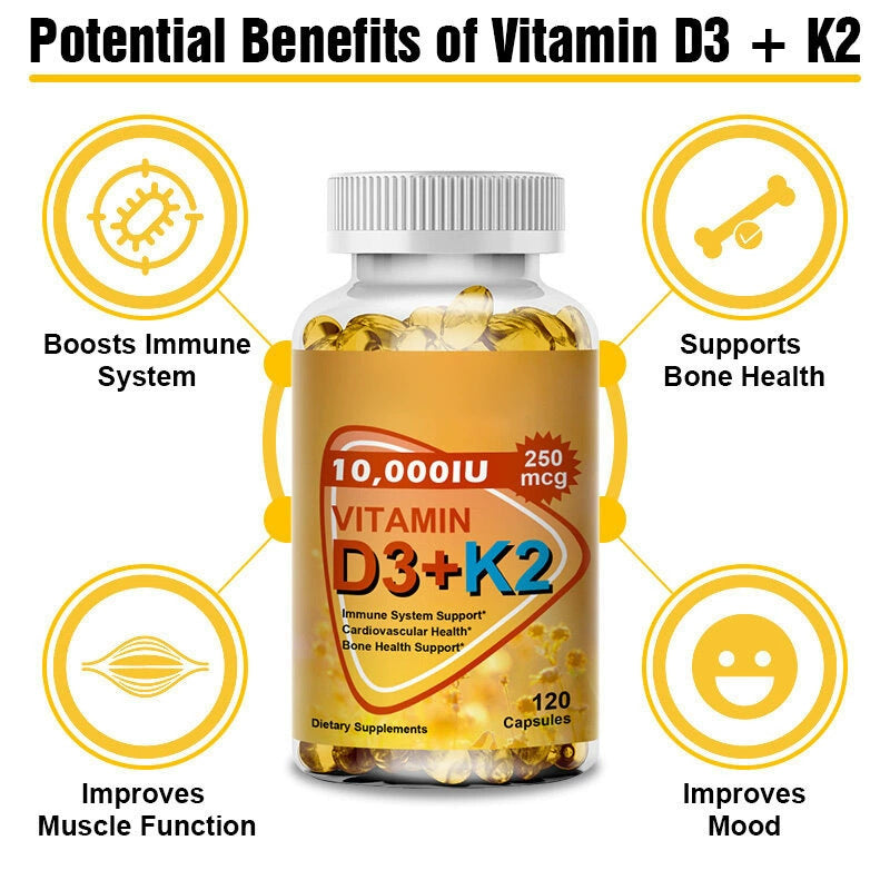 Vitamin D3 K2 Soft Capsules - Immune Support for Adults, 60 or 120 Pcs