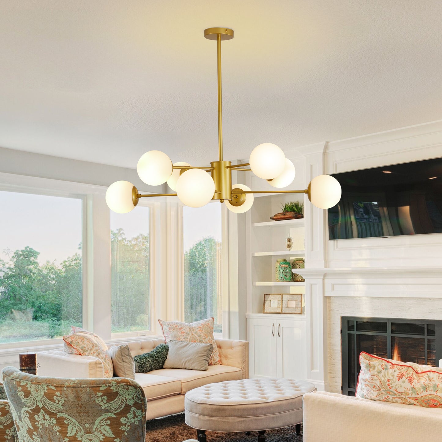 8-Light Gold Chandelier with White Glass Globe Shades - Modern Design